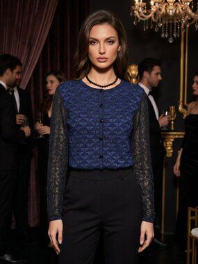 St. John Knit Medium Sweater Cardigan Blue Black Shimmer Sparkle Metallic